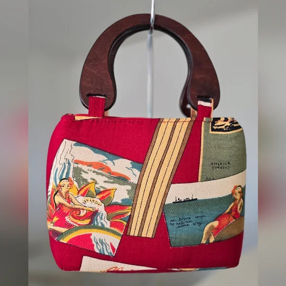 Sydney Short Postcard Colorful Hawaiian Handbag with Wooden Handles - Picture 2 of 15